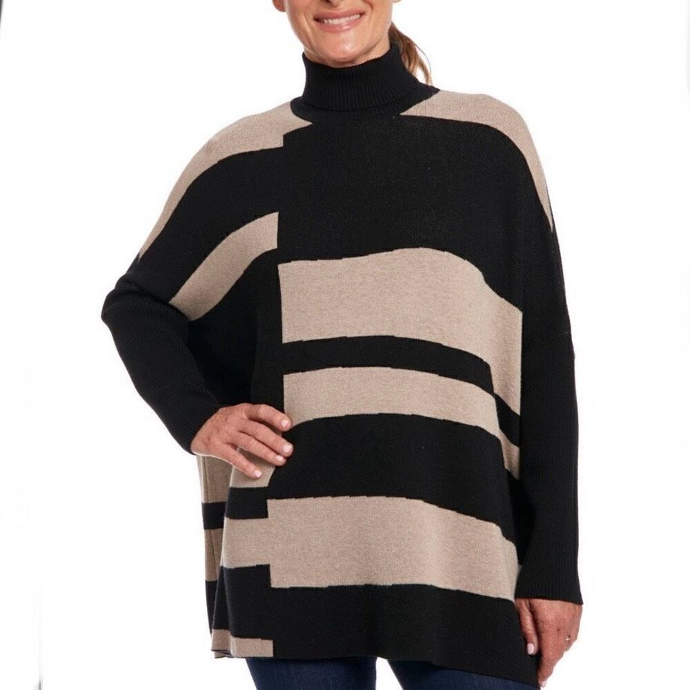 NWT Joseph A. 2X Tan & Black split stripe long sleeve turtleneck poncho sweater